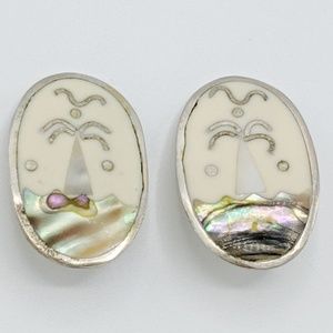 Vintage Abalone Shell Earrings Inlaid Clip On